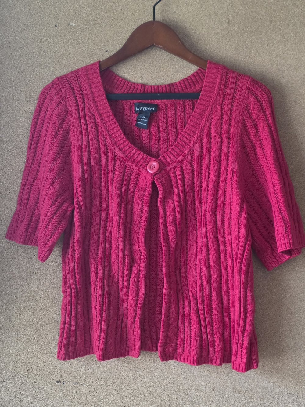 Lane Bryant Red Cable Knit Cardigan Short Sleeve Plus Size 14/16 100% Cotton